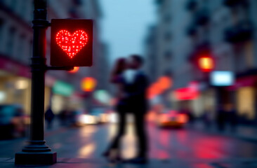 Man and a woman in love kiss at a traffic light, standing on the roadway. Valentine's Day concept. Blur effect.