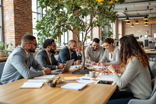Business team collaborating at a table with a small tree centerpiece in a modern office setting.