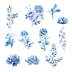 Obraz premium Blue and white Watercolor Flower Chinoiserie ornament vintage art