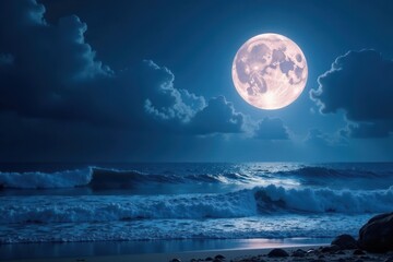 Fototapeta premium Full moon's ethereal glow bathes mystical seascape , enchanting, glow