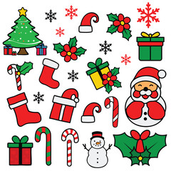 Festive holiday icons with Santa Claus, pine trees, and gifts