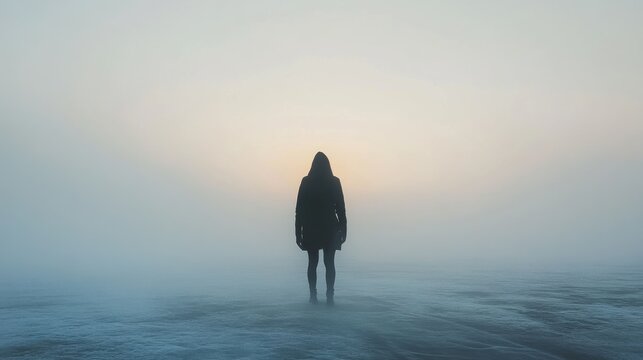 A person stands alone in a foggy field