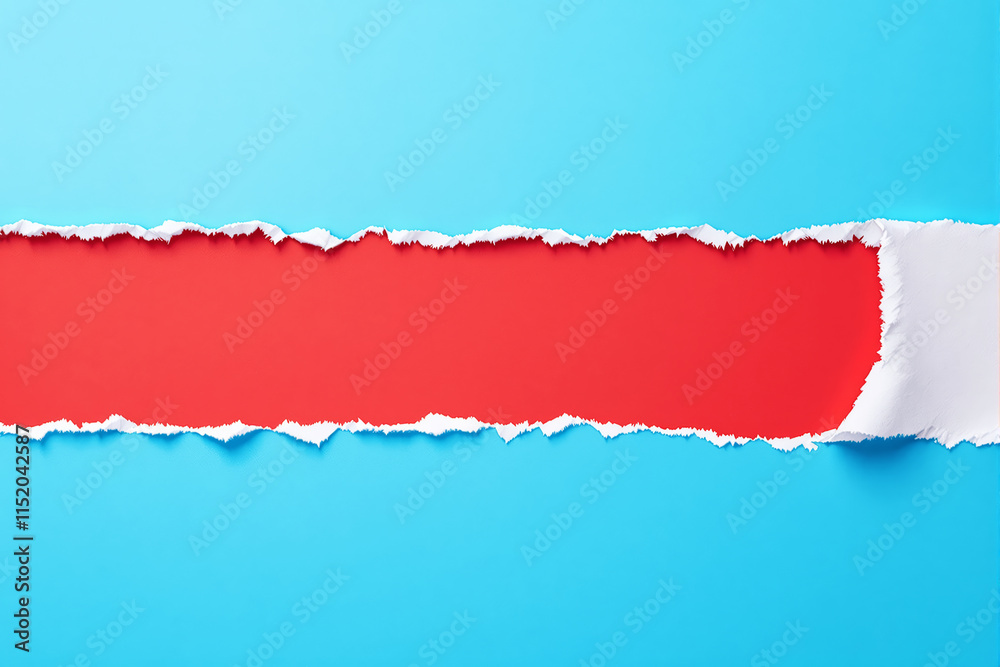 Poster torn paper effect on blue background showing a red strip.