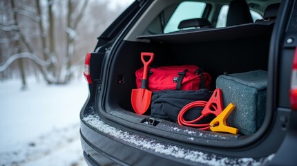 Winter car kit displayed in the trunk of a vehicle, snow-covered landscape in the background, items like a shovel, blanket, and jumper cables visible, natural lighting, organized and practical setup