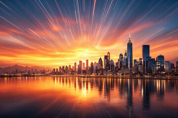 Fototapeta premium Stunning sunset over a vibrant city skyline with reflections in water.