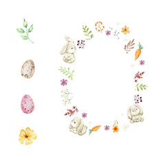 Set of Happy Easter watercolor cards with cute Easter rabbits, egg, spring flowers in pastel colors