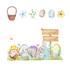 Set of Happy Easter watercolor cards with cute Easter rabbits, egg, spring flowers in pastel colors
