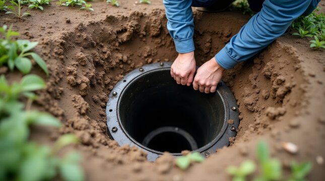 working plumber opens a sewer hatch. Maintenance of septic tanks and water wells 