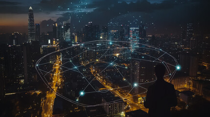 Smart digital city with connection cyber security network reciprocity over the cityscape . future smart wireless digital city and social media networking systems that connects people within the city