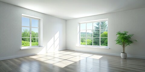 Modern, spacious white room bathed in sunlight. Clean lines, minimalist decor, and bright window light define the space.