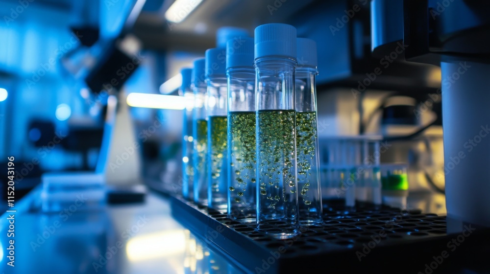 Poster test tubes containing green algae cultures are displayed in a laboratory.