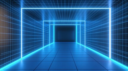 A futuristic corridor illuminated by glowing blue lines, creating a digital and immersive environment.