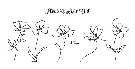 Single line art flowers blossom hand-drawn collection.Vector illustration