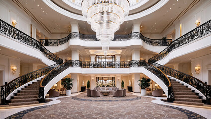 Elegant hotel lobby with grand staircase and crystal chandelier