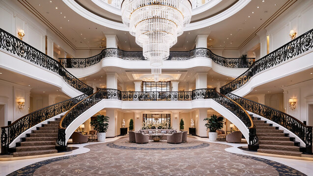 Elegant hotel lobby with grand staircase and crystal chandelier