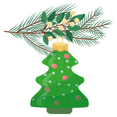 Green Christmas tree toy creates a festive atmosphere. Ideal element for a festive mood. Vector illustration for a poster, greeting card and design for kids.