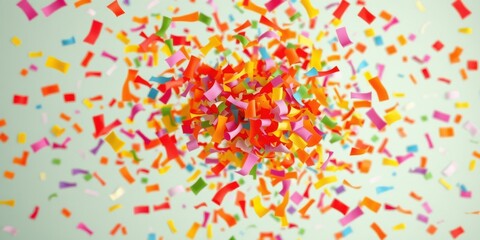 Obraz premium A vibrant shower of colorful confetti raining down against a soft, light green background. The confetti is spread out in a whimsical pattern, creating a festive and joyful atmosphere.