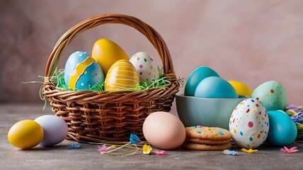Easter greeting card with glazed cookies and colorful easter eggs in basket . With copy space