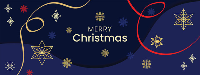 Christmas greetings banner with swirl ribbons and gold and red stars on dark blue color background.