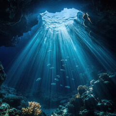 Stunning Underwater Scene with Sunlight Streaming Through Water Surface Illuminating Coral Reef and Fish Swimming Gracefully in a Serene Marine Environment