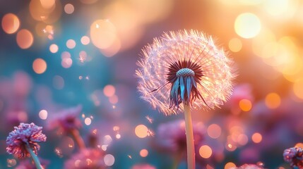 Dandelion seeds blowing in sunset light, bokeh background.