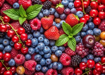 Obraz premium Sweet Berry Collage - Raspberry, Blueberry, Red Currant, Aronia, Barberry