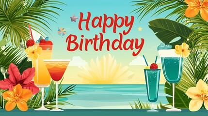 Tropical Happy Birthday Cocktail Beach Sunset Celebration