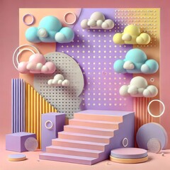 Vibrant geometric background with pastel clouds and steps. Modern event backdrop, abstract design,...