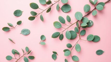 Green leaves scattered on a soft pink background, a minimalist design for a fresh and natural aesthetic.