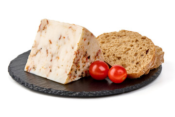 Piece of seasoned cheese with herbs, Primavera picante, isolated on white background.