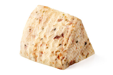 Piece of seasoned cheese with herbs, Primavera picante, isolated on white background.