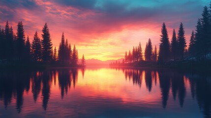 Fototapeta premium Vibrant sunset over calm lake, reflecting trees.