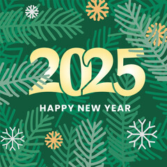 Happy New Year 2025 Gold Banner with Snowflake and green pine branches background.Vector