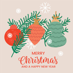 Christmas social media post with Pine Leaves and Christmas Lamps - Vector illustration