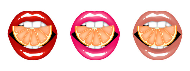 Beautiful sexy plump glossy female lips holds orange slice, red, pink and beige nude colors. Set of isolated vector illustrations