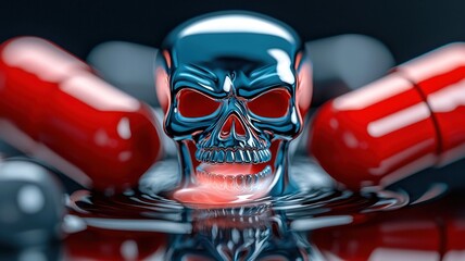 Fototapeta premium Skull-shaped smoke emerging from a pill dissolving in water, warning of severe side effects, illustrating symptoms caused by a pill.