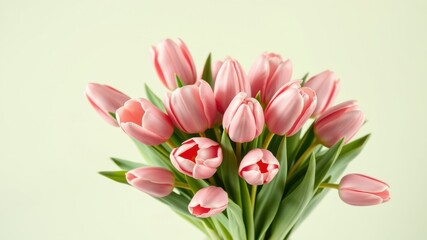 A delicate bouquet of soft pink tulips with lush green foliage, capturing the essence of springtime beauty and grace.