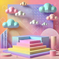 Fototapeta premium Vibrant geometric background with pastel clouds and steps. Modern event backdrop, abstract design, Dreamy pastel purple, pink, yellow Beauty cosmetic product placement pedestal promotion stand display