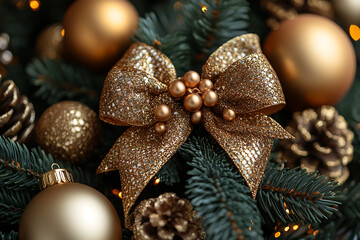 A beautifully decorated Christmas tree adorned with a large, elegant bow as the centerpiece, surrounded by festive ornaments and warm holiday lights. 
