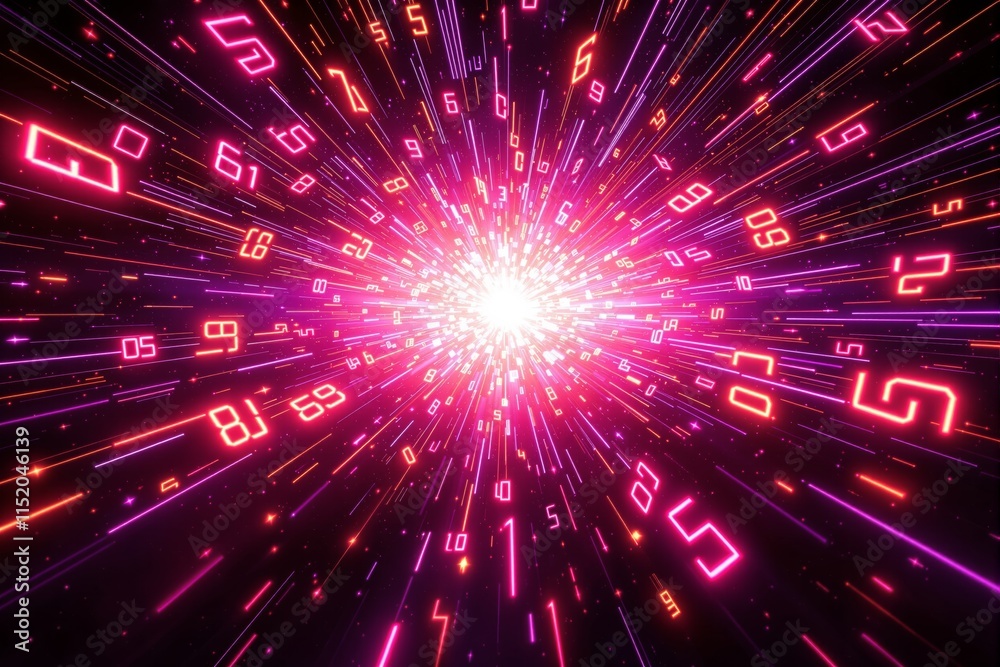 Poster abstract burst of neon numbers radiating from a central light source.
