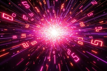 Fototapeta premium Abstract burst of neon numbers radiating from a central light source.