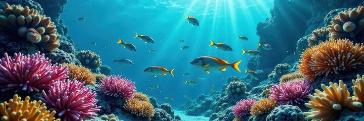 Obraz premium A school of multicolored fish near a branching coral , underwater world, nature