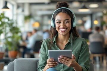 Smiling woman wearing headphones holding a tablet in a modern office background.