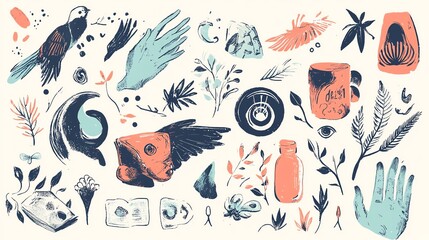 A colorful collage of hand-drawn elements featuring nature, animals, and abstract designs, evoking creativity.