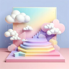 Vibrant geometric background with pastel clouds and steps. Modern event backdrop, abstract design, Dreamy pastel purple, pink, yellow Beauty cosmetic product placement pedestal promotion stand display