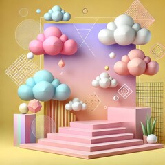 Fototapeta premium Vibrant geometric background with pastel clouds and steps. Modern event backdrop, abstract design, Dreamy pastel purple, pink, yellow Beauty cosmetic product placement pedestal promotion stand display