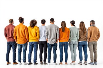 Naklejka premium Diverse group of people standing in casual outfits with backs turned on white background. Concept of teamwork, unity, and diversity.