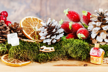 Classic Christmas garland with moss and dried fruits.