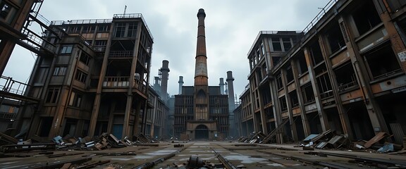 Fototapeta premium Abandoned Factory Buildings Standing in Ruins with Fallen Debris