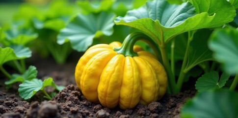 Large spaghetti squash plant with lush leaves and organic fertilizer, sunlight, diet